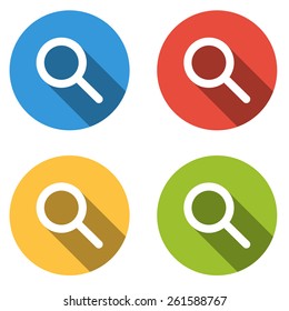 Set of 4 isolated flat colorful buttons for search / zoom with long shadow