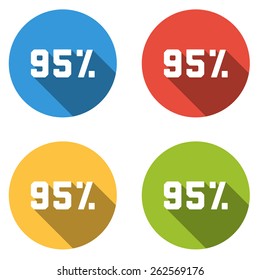 Set of 4 isolated flat colorful buttons (icons) for 95% (discount)