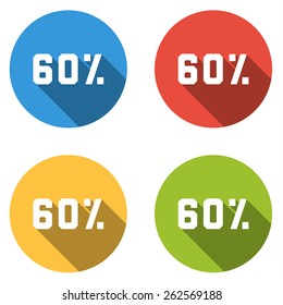 Set of 4 isolated flat colorful buttons (icons) for 60% (discount)