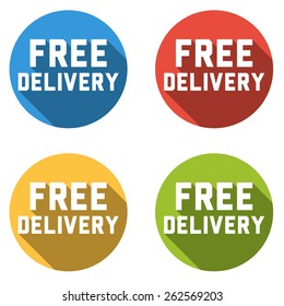 Set of 4 isolated flat colorful buttons (icons) with FREE DELIVERY text