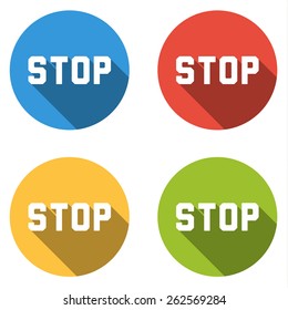 Set of 4 isolated flat colorful buttons for STOP (of application, script, ...)
