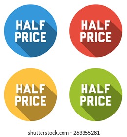 Set of 4 isolated flat colorful buttons (icons) with HALF PRICE text