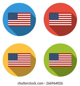 Set of 4 isolated flat colorful buttons (icons) with USA FLAG