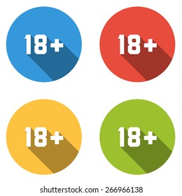 Set of 4 isolated flat colorful buttons (icons) for 18+ sign (limited content for adults)