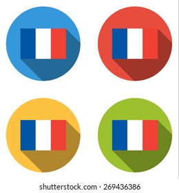 Set of 4 isolated flat colorful buttons (icons) with flag of FRANCE