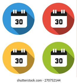 Set of 4 isolated flat colorful buttons (icons) for number 30 - date, calendar, etc.