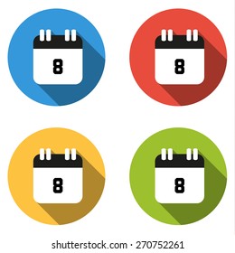 Set of 4 isolated flat colorful buttons (icons) for number 8 - date, calendar, etc.