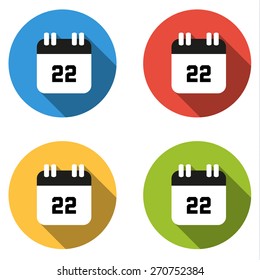 Set of 4 isolated flat colorful buttons (icons) for number 22 - date, calendar, etc.
