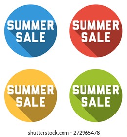Set of 4 isolated flat colorful buttons (icons) with SUMMER SALE text