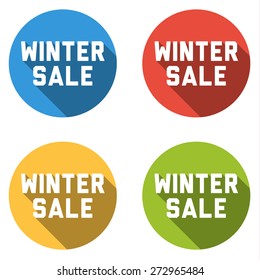 Set of 4 isolated flat colorful buttons (icons) with WINTER SALE text