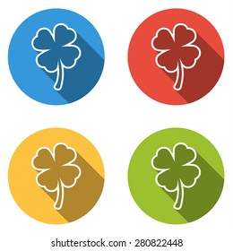 Set of 4 isolated flat colorful buttons (icons) for four leaf (shamrock)