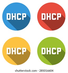 Set of 4 isolated flat colorful buttons (icons) for DHCP (Dynamic Host Configuration Protocol)