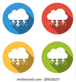 Set of 4 isolated flat colorful buttons (icons) for cloud with lighting bolts and rain (part of weather icon set)