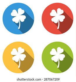 Set of 4 isolated flat colorful buttons (icons) for shamrock (four-leaf)