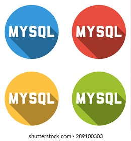 Set of 4 isolated flat colorful buttons (icons) for MYSQL (relational database management system;  Structured Query Language)