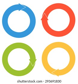 Set of 4 isolated flat colorful circular arrows with only one arrowhead in solid colors - for refresh, reload, redo, etc.