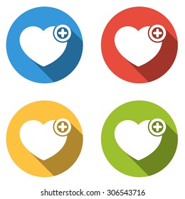 Set of 4 isolated flat colorful buttons (icons) for heart with plus sign - add to favorites icon