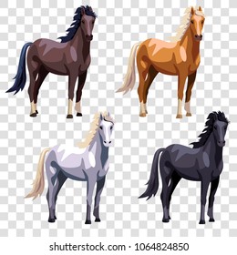set of 4 isolated horses different colors