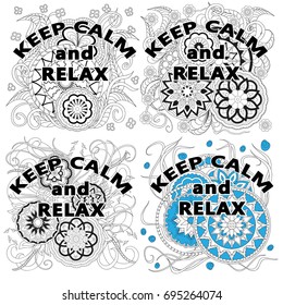 Set of 4 isolated monochrome prints with hand drawn floral mandalas. T-shirt, tunic and bag's design.Can to put on any background. Black and white. Eps 10.
