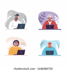 Set of 4 isolated people - Concept customer service. Flat design. Online global technical support. Vector illustration, help, assistance. People chating with headsets. Laptop on the table.