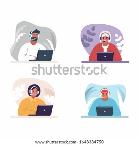 Set of 4 isolated people - Concept customer service. Flat design. Online global technical support. Vector illustration, help, assistance. People chating with headsets. Laptop on the table.