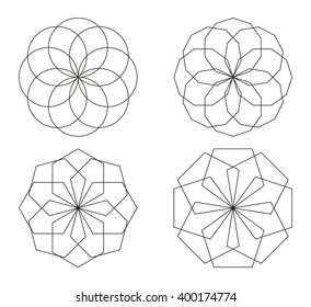 Set of 4 isolated symbols made of circles and polygons, black outlines on white background