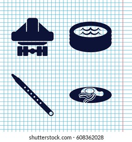 Set of 4 isometric filled icons such as fried egg and bacon, cargo plane back view, musical pipe