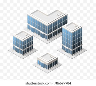 Set of 4 Isometric High Quality City Elements with 45 Degrees Shadows on Transparent Background . Residential