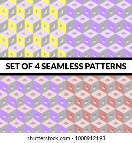 Set of 4 isometric seamless background. Geometric 3d pattern. 