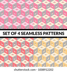 Set of 4 isometric seamless background. Geometric 3d pattern. 