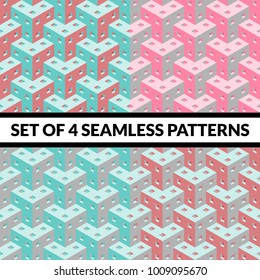 Set of 4 isometric seamless patterns. 3d cube pattern. Geometric background.