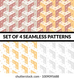 Set of 4 isometric seamless patterns. 3d cube pattern. Geometric background.