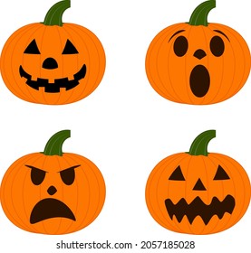 Set of 4 Jack o’lantern pumpkins with facial expressions - Vector Illustration