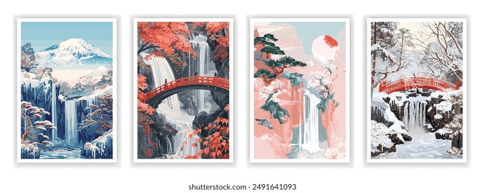 Set of 4 Japan Winter Waterfall Scenery Concepts in Ukiyo-e Style Vector - Landscape of Waterfalls, Mural Art, and Artwork