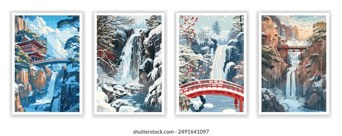 Set of 4 Japan Winter Waterfall Scenery Concepts in Ukiyo-e Style Vector - Landscape of Waterfalls, Mural Art, and Artwork