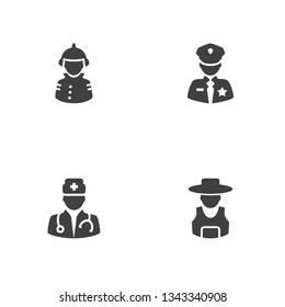 Set of 4 job icons set. Collection of policeman, doctor, firefighter and other elements.