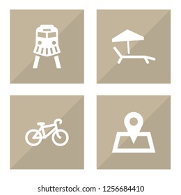Set of 4 journey icons set. Collection of bicycle, sunbed, map pin and other elements.