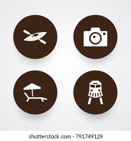 Set Of 4 Journey Icons Set.Collection Of Canoe, Chaise Longue, Photo Apparatus And Other Elements.