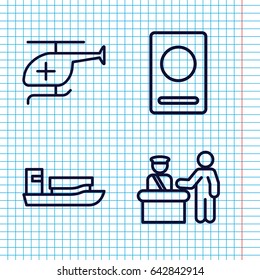Set of 4 journey outline icons such as pass control, passport, medical helicopter