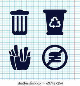 Set of 4 junk filled icons such as recycle bin, french fries, trash bin