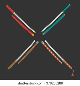 Set of 4 katanas with different handles and sheathes