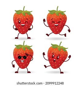 Set of 4 kawaii strawberry cute mascot with different happy expressions Free Vector
