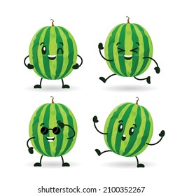 Set of 4 kawaii watermelon cute mascot with different happy expressions Free Vector