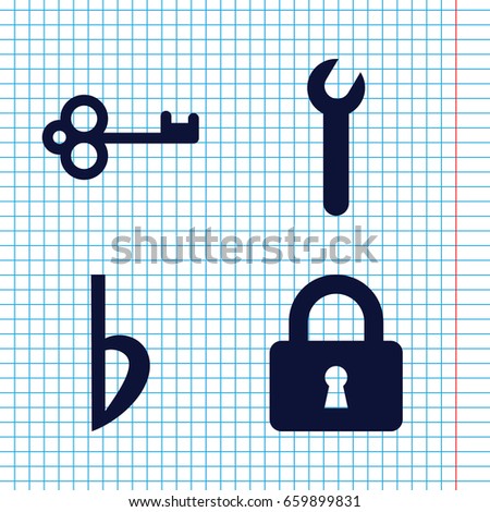 Set of 4 key filled icons such as lock, bemol, wrench