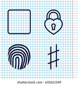 Set of 4 key outline icons such as heart lock, stop, musical sharp