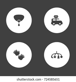 Set Of 4 Kid Icons Set.Collection Of Nutrition, Bus, Hangings And Other Elements.
