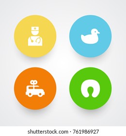 Set Of 4 Kid Icons Set.Collection Of Pediatrist, Bus, Cushion And Other Elements.
