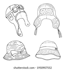 Set of 4 kids hats. Panama, straw hat, pilot's helmet, ushanka hat. Hand drawn style. Vector