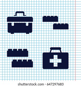 Set of 4 kit filled icons such as child building kit, toolbox, first aid kit