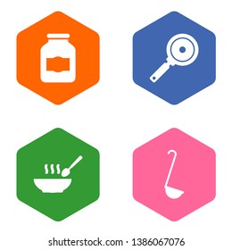 Set of 4 kitchen icons set. Collection of skillet, jug, soup and other elements.